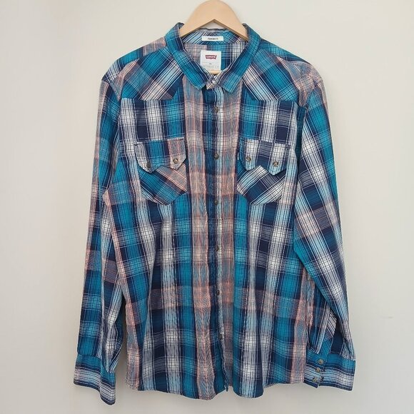 Vintage Western Levi's Double Pocket Plaid Marbled Snap Button Shirt Size XXL - Picture 1 of 9